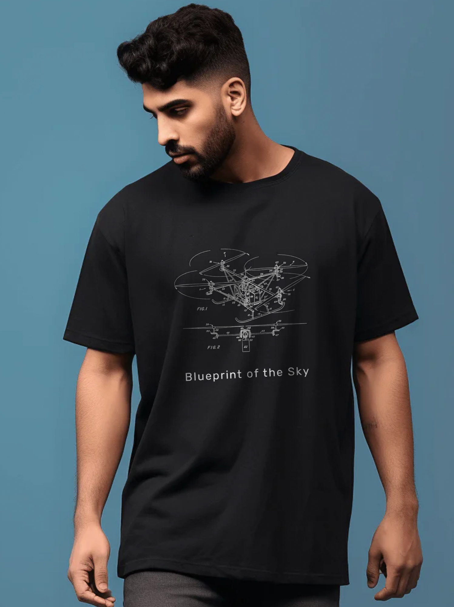 Sky Engineer Blueprint Drone Oversize Fit Unisex Tee-shirt